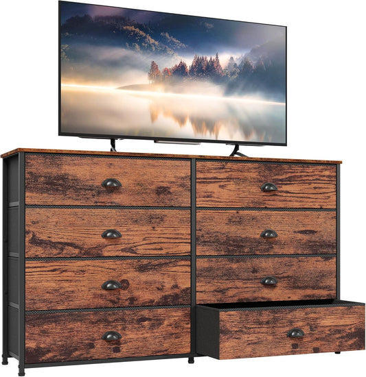 Rustic Brown Long Dresser and TV Stand for 55'' TV with 8 Fabric Bins - Versatile Storage Unit for Bedroom, Office, Dorm, Closet, and Entryway