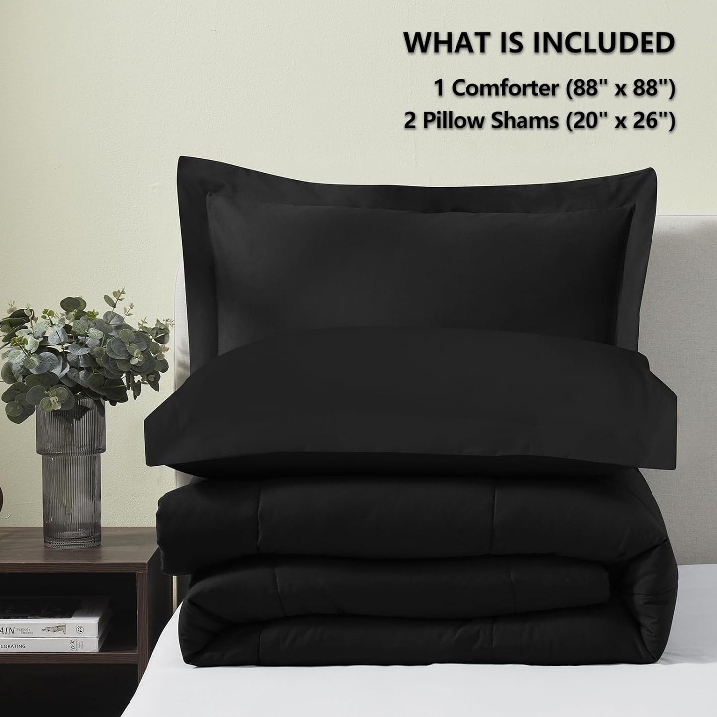 Queen Size Comforter Sets - Black Comforter Queen Size, 3 Pieces Box Stitched Soft Lightweight Bed Set, All Season Bedding Sets with 1 down Alternative Comforter and 2 Pillow Shams