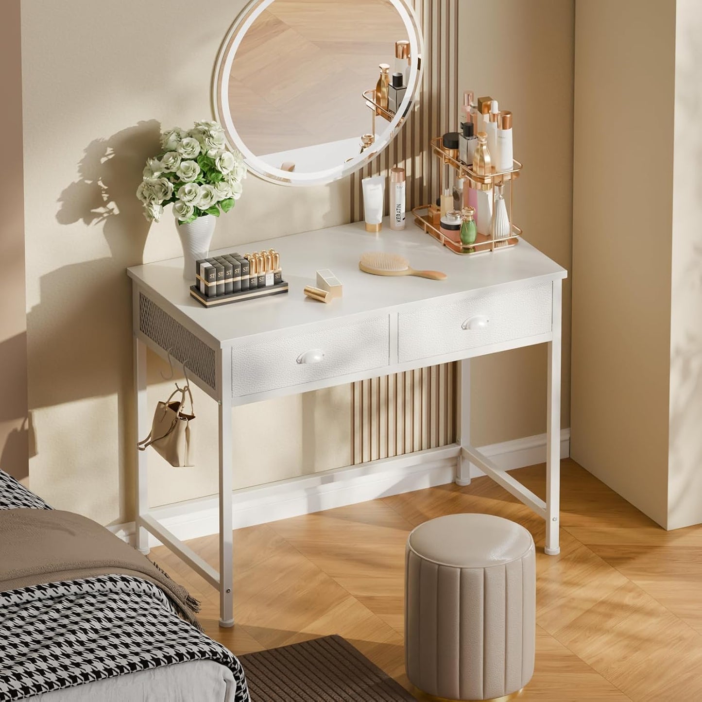 White Small Computer Desk with 2 Fabric Drawers for Bedroom,34 Inch Simple Home Office Writing Desk, Vanity Desk with Hooks, Study Table for Adults Student Small Spaces