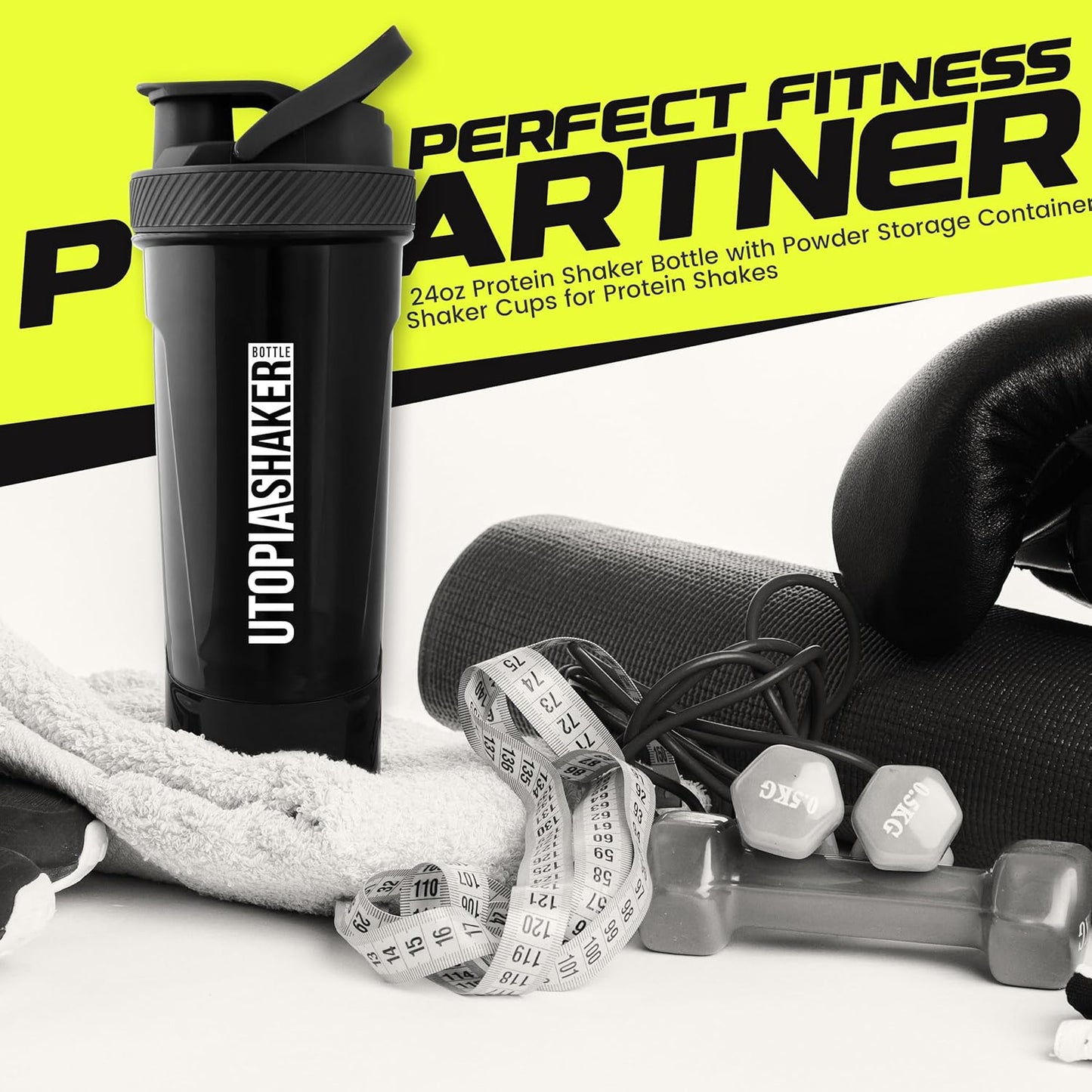 Shaker Bottle 2 Pack - 24 Ounce Plastic Protein or Cocktail Shaker Bottle for Pre & Post Workout with Twist & Lock Protein Box Storage (All Black & Clear/Black)