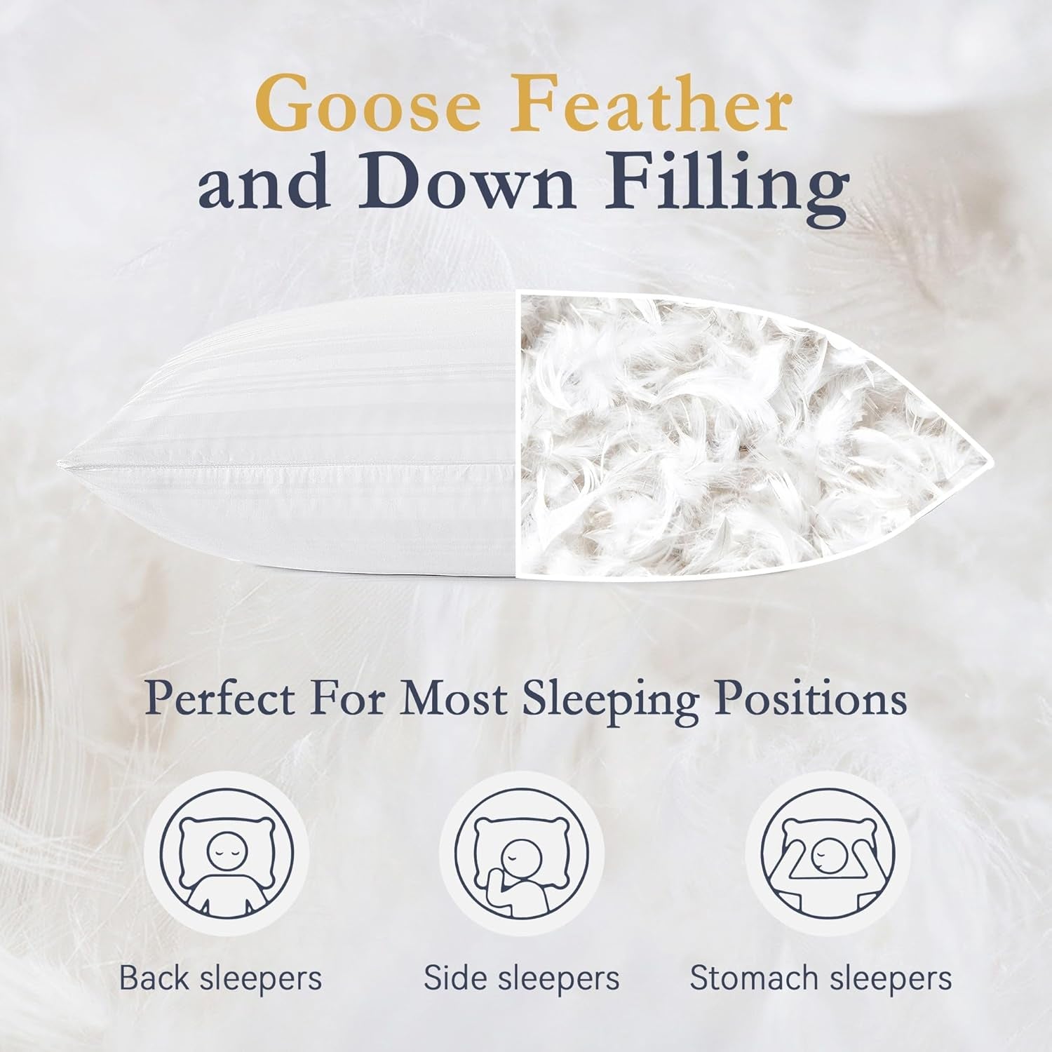® Goose Feather down Pillows, Luxury Hotel Collection Bed Pillows for Sleeping Set of 2, 100% Cotton Cover with Silver Stripe, Standard Size