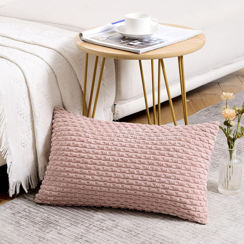 Set of 2 Pink Lumbar Decorative Throw Pillow Covers 12X20 Inch for Couch Living Room Bed Sofa, Modern Farmhouse Boho Home Decor, Soft Plush Corduroy Rectangle Cushion Case 30X50 Cm
