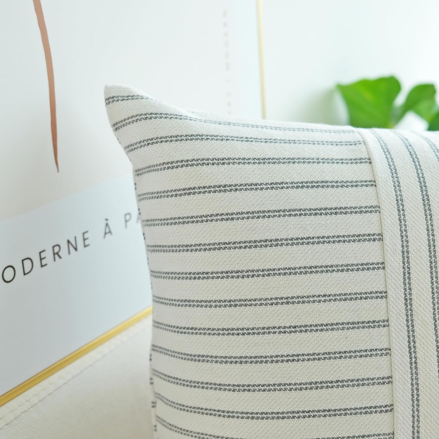 Grey and Beige Patchwork Farmhouse Pillow Covers 18X18 Inch, Pack of 2 Striped Linen Decorative Modern Accent Pillow Cases for Sofa Couch Bedroom 18 X 18