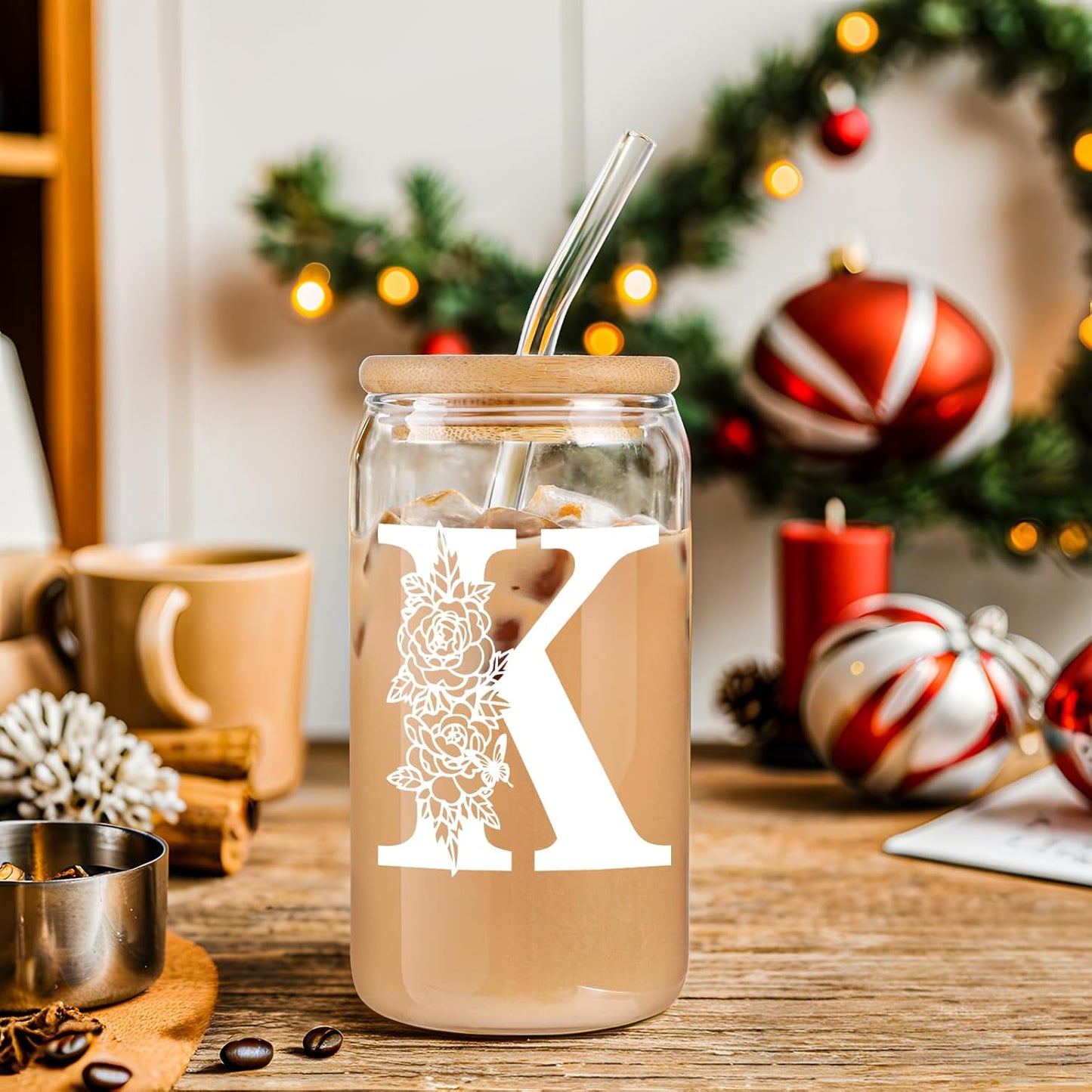 Gifts for Holidays,Birthday Gifts for Women,Personalized Initial Glass Cup as Iced Coffee Cups,Aesthetic Smoothie Cup Cute Beer Tumbler,16 Oz Glass Cups with Lids and Straws-K(1Psc)