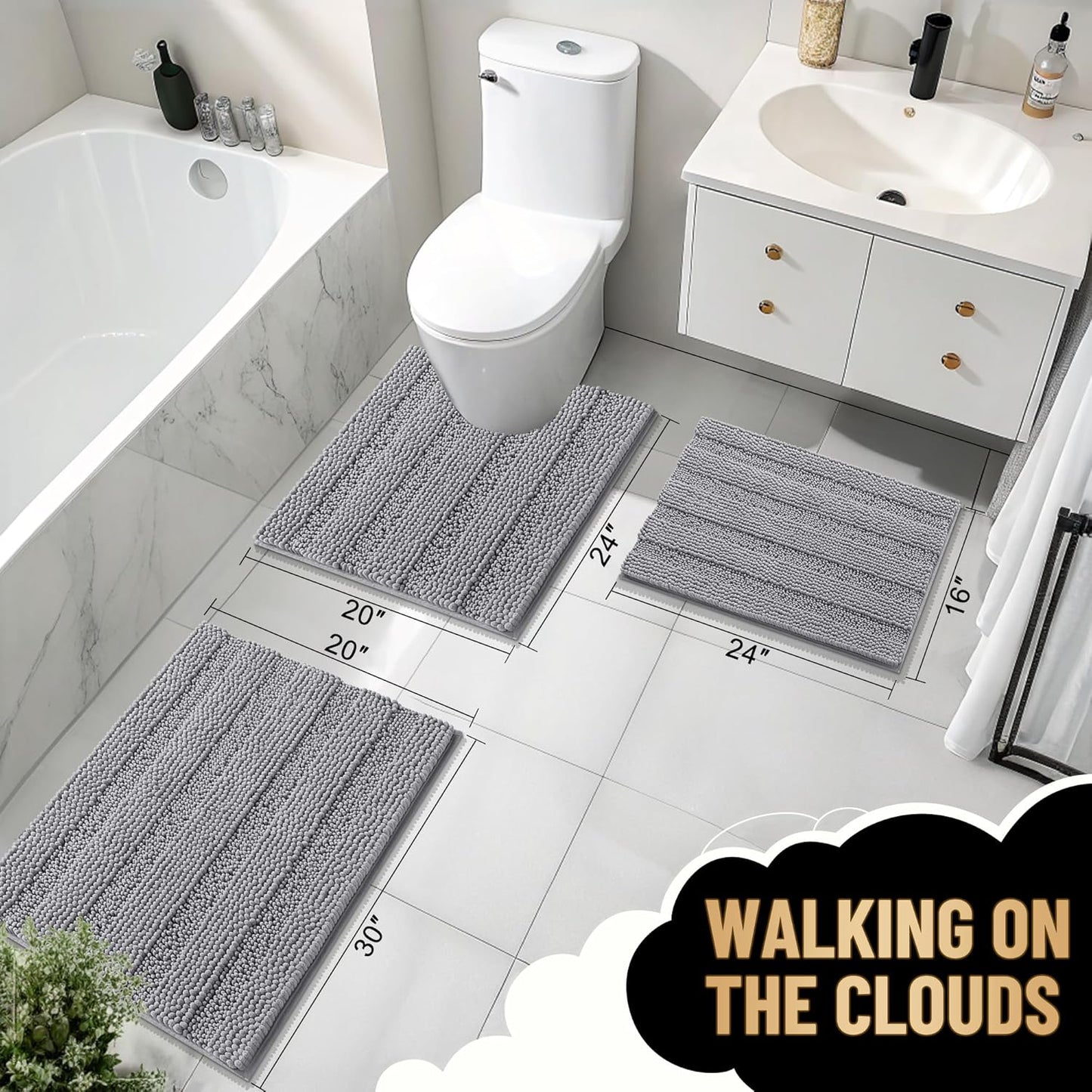 Thick Bathroom Rugs 30X20, Extra Soft Absorbent Chenille Striped Bath Rugs, Rubber Backing, Machine Wash Dry, Bath Mats for Bathroom Floor, Tub and Shower, Home Decor Accessories, Grey
