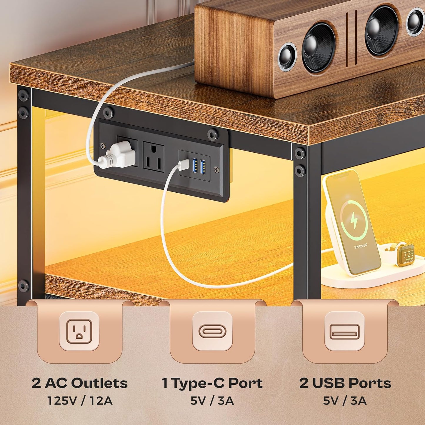 63-Inch TV Stand for 55 to 70 Inch TVs, Rustic Entertainment Center with Power Outlets and Fabric Drawer Storage for Bedroom and Living Room