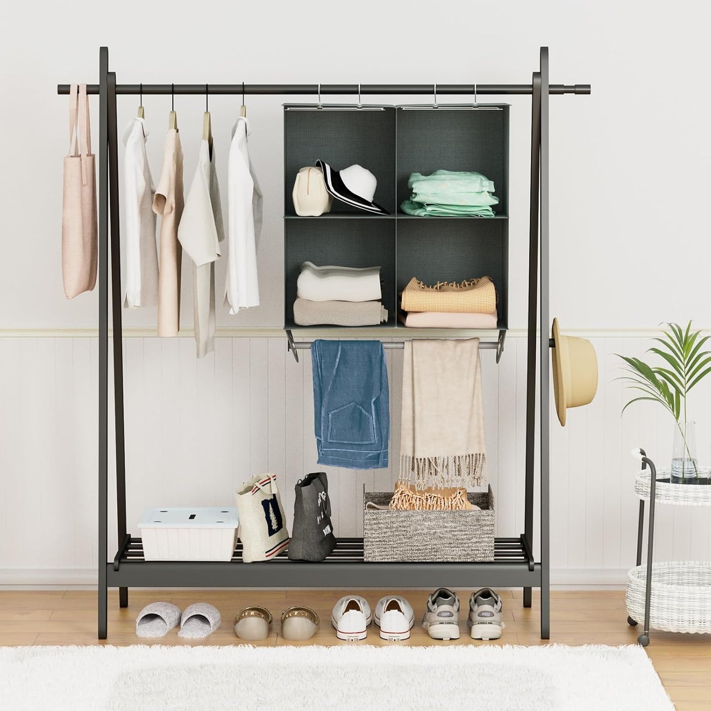 4-Section Hanging Closet Organizer and Storage, Heavy Duty Hanging Shelves with Rod, Closet Storage for College Dorms, RV, Dark Grey