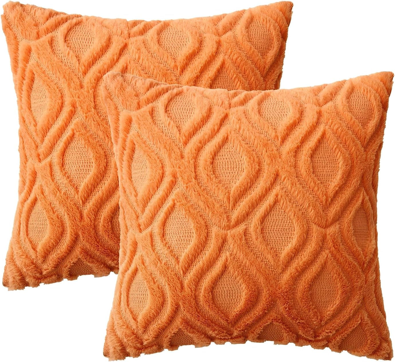 Bright Orange Fall Throw Pillow Covers, 18x18 Inch Soft Plush Faux Wool Set of 2, Decorative Farmhouse Boho Cushions for Sofa and Living Room Home Decor