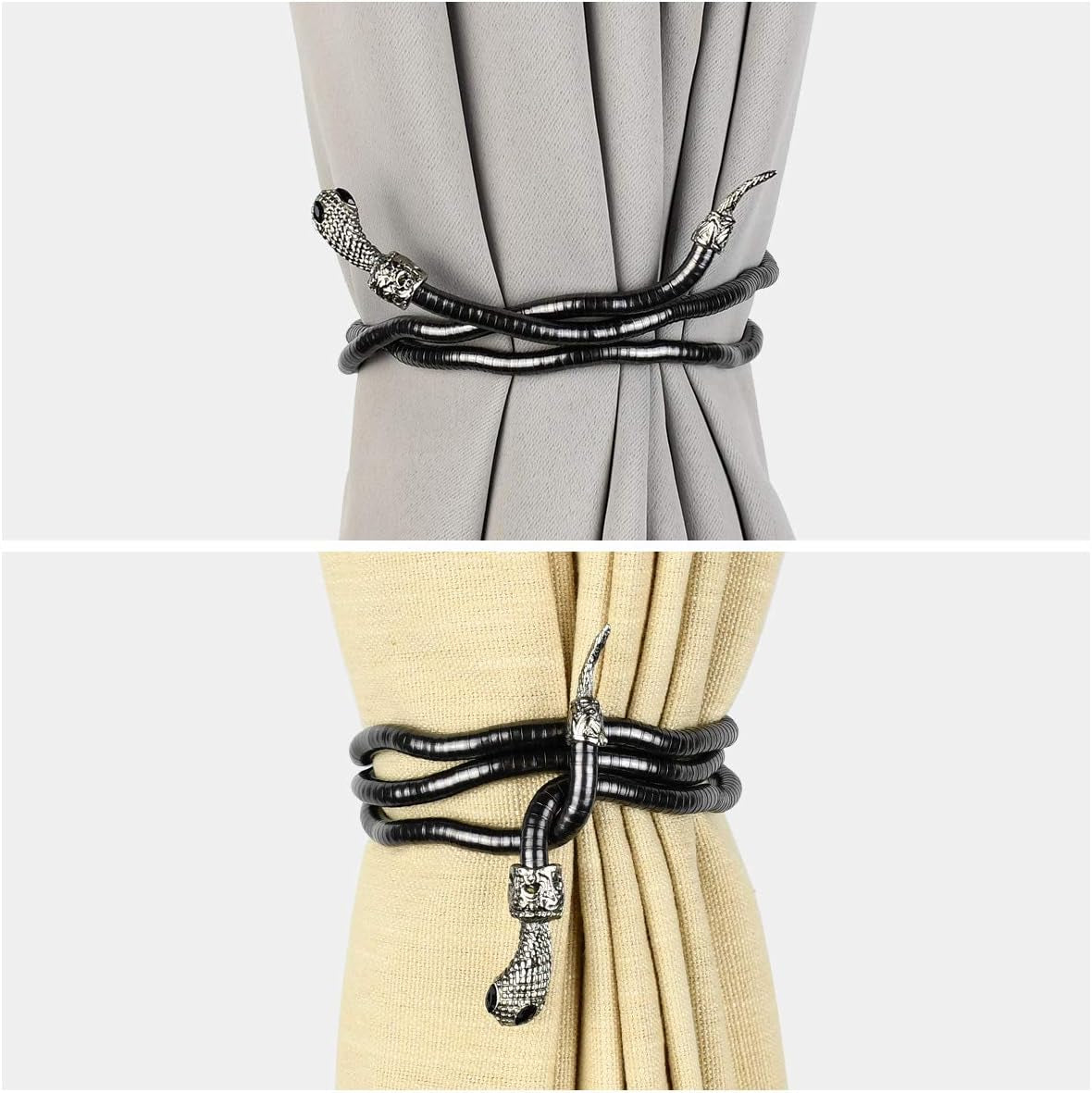 Snake Curtain Tiebacks Clips, Decorative Drapes Holdbacks, Handmade Metal Rope Tiebacks, Creative Window Drapes Twist Tie Backs, Snake Crafts (Black, 2 Pack)