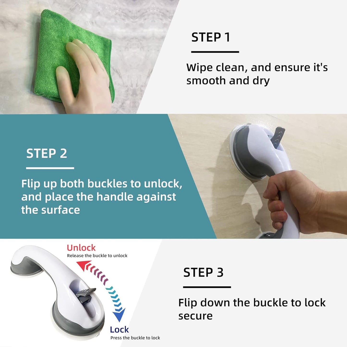 2 Pack Heavy-Duty Shower Grab Bars -  12 Inch Grey Suction Bar Handles for Elderly, Seniors, Handicap, Safety Balance Assist Grip for Bathroom, Toilet - Anti-Slip, Shower Handles Hand Rai