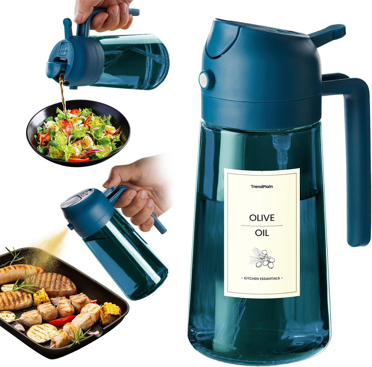 16Oz/470Ml Blue Glass Olive Oil Sprayer for Cooking - 2 in 1 Olive Oil Dispenser for Kitchen Gadgets, Air Fryer, Salad, and BBQ - Navy