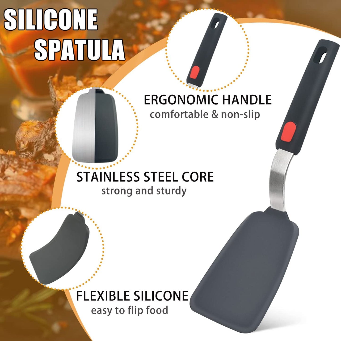 Silicone Spatula Turner Set of 3, 600°F Heat Resistant Cooking Spatulas for Nonstick Cookware, Large Flexible Kitchen Utensils BPA Free Rubber Spatula Set for Egg, Pancake, Fish, Burger