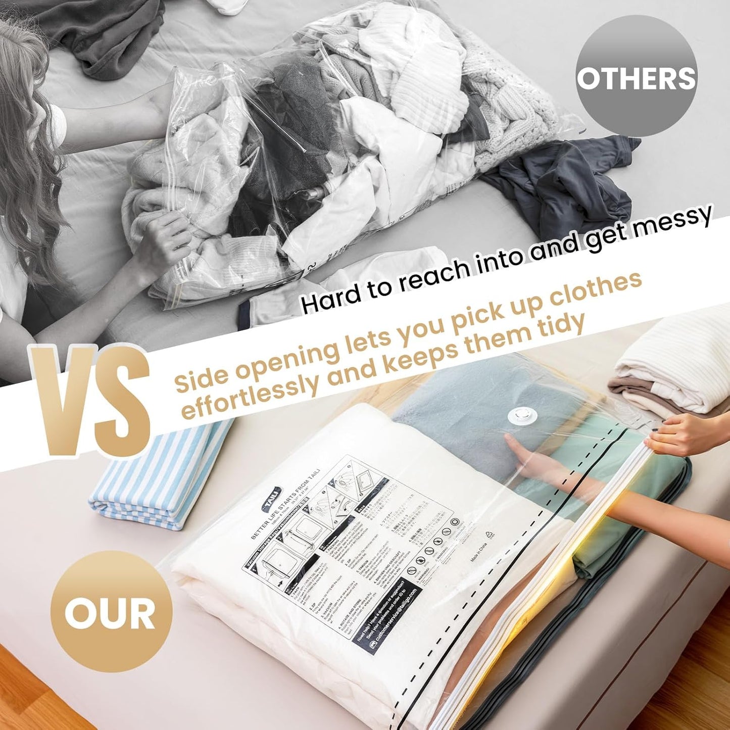 Vacuum Storage Bags 4 Pack, LONG SIDE ZIP (2 Large+2 Jumbo), Multi-Size Vacuum Seal Bags for Clothing, Storage Bulky Beddings, Blankets and Clothes, Space Saver for Closet Organization