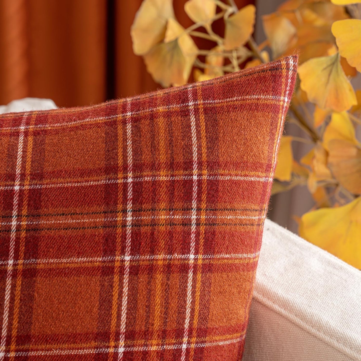 Set of 2 Scottish Tartan Plaid Throw Pillow Covers - Classic Farmhouse Decorative Outdoor Square Cushion Cases for Sofa and Couch, 18x18 Inch, Rust