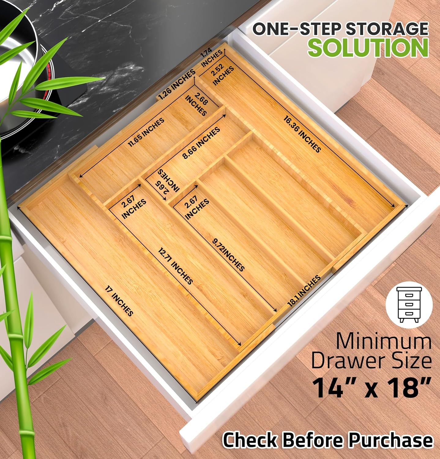 Silverware Organizer, Expandable Bamboo Utensil Drawer Organizer, Kitchen Drawer Organizer, Silverware Organizer for Cutlery, Utensils, Flatware Holder (6-8 Slots, Natural) Pack of 1