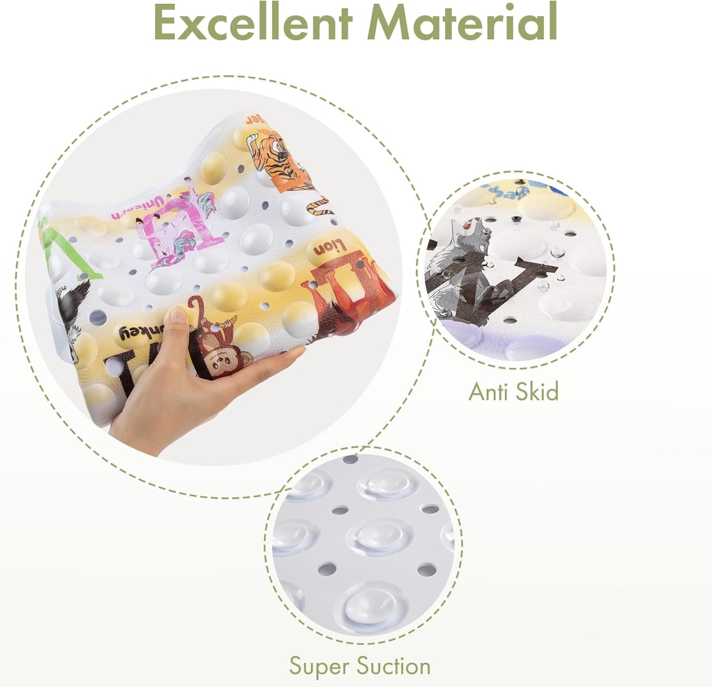 Baby Bath Mat Non Slip, Cartoon Kids Bath Mat for Tub 40 X 16 Inches Full Size Shower Stall Mats - Alphabets & Animals