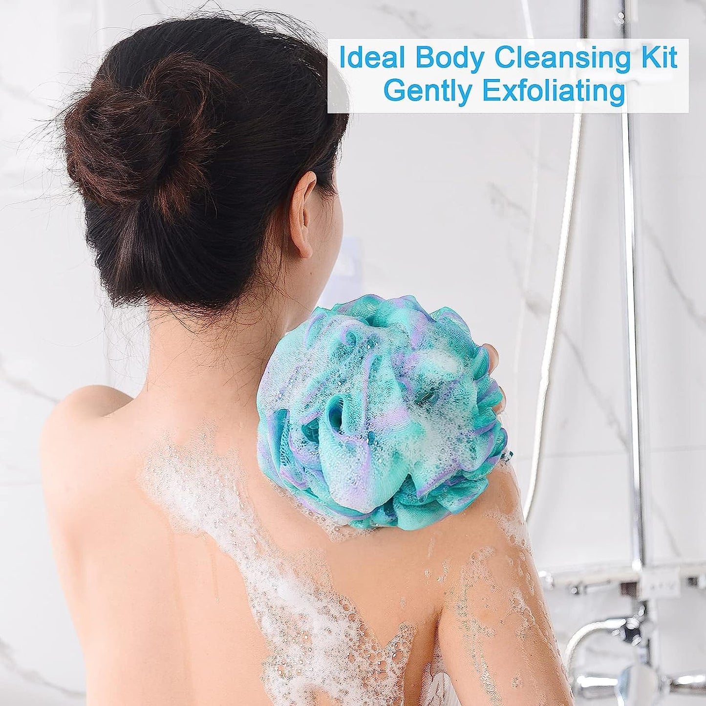 Loofah Sponge 75G/Piece, Exfoliating Bath Sponge Body Scrubber - Loofa Set of 4 Flower Color (Large, Green-Purple)