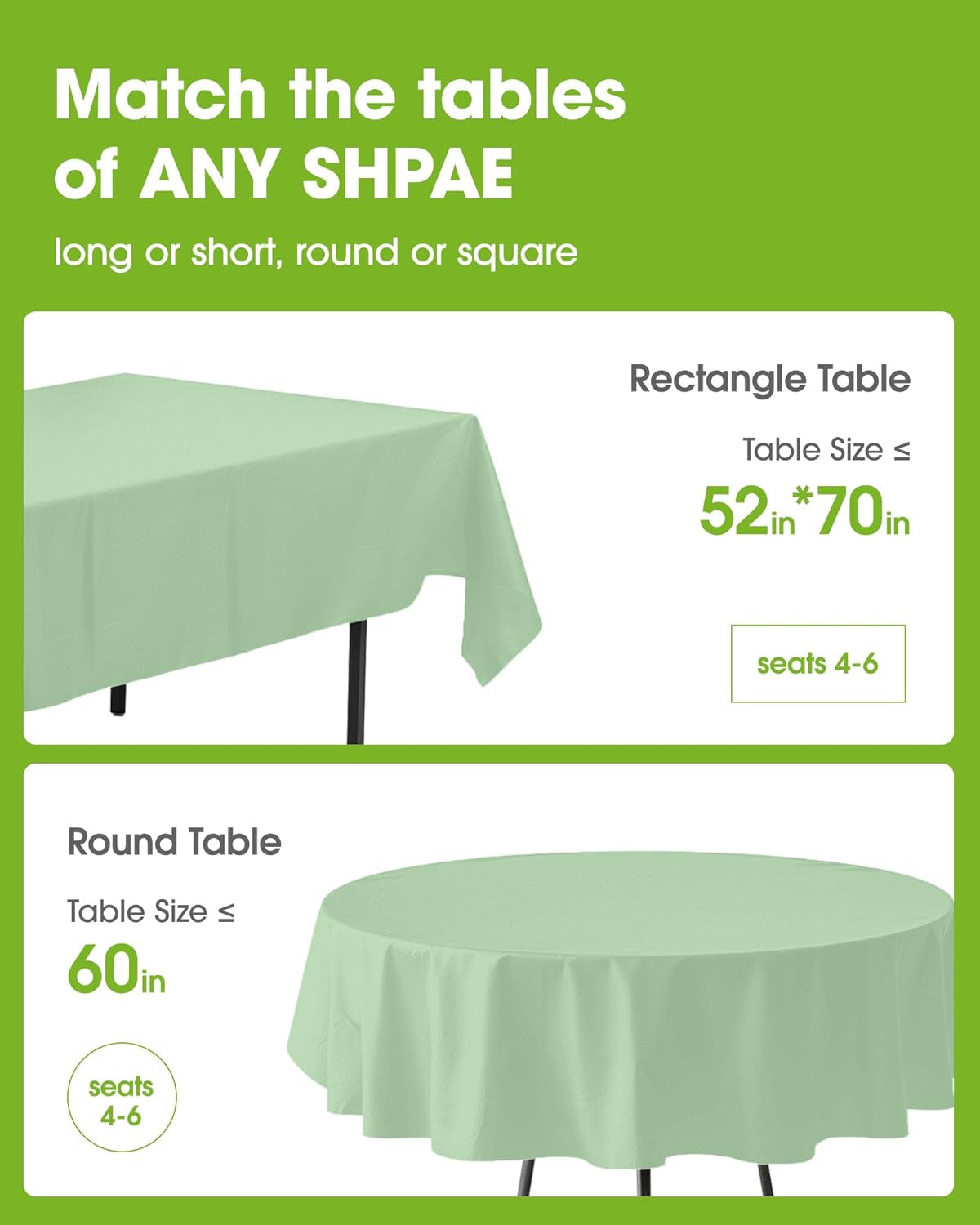 Plastic Table Cloth Disposable 10 Pack, 52 X 70 Inch Table Cloths, Easter Party, Decorative Tablecloths, Rectangle, Light, Pastel Plastic Cover, Waterproof & Sturdy, Sage Green