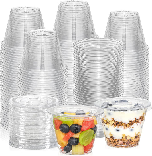 [50 Sets, 9 Oz Clear Plastic Cups with Flat Lids No Hole, Disposable Cups with Lids for Ice Cream, Pudding, Cake, Snacks Smoothie, Milkshake, Cold Drinks