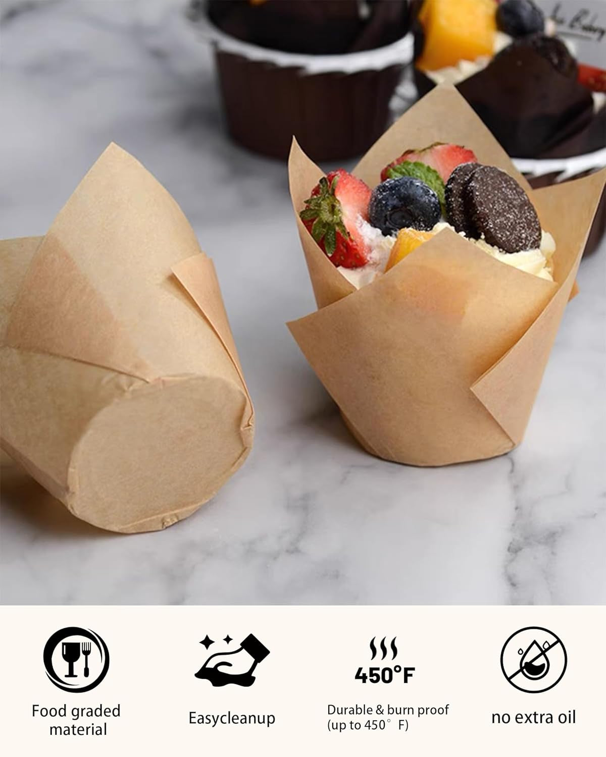 220Pcs Tulip Cupcake Liners for Baking Cups,Greaseproof Cupcake Wrappers in Standard Size,Parchment Paper Tulip Muffin Liners,Natural