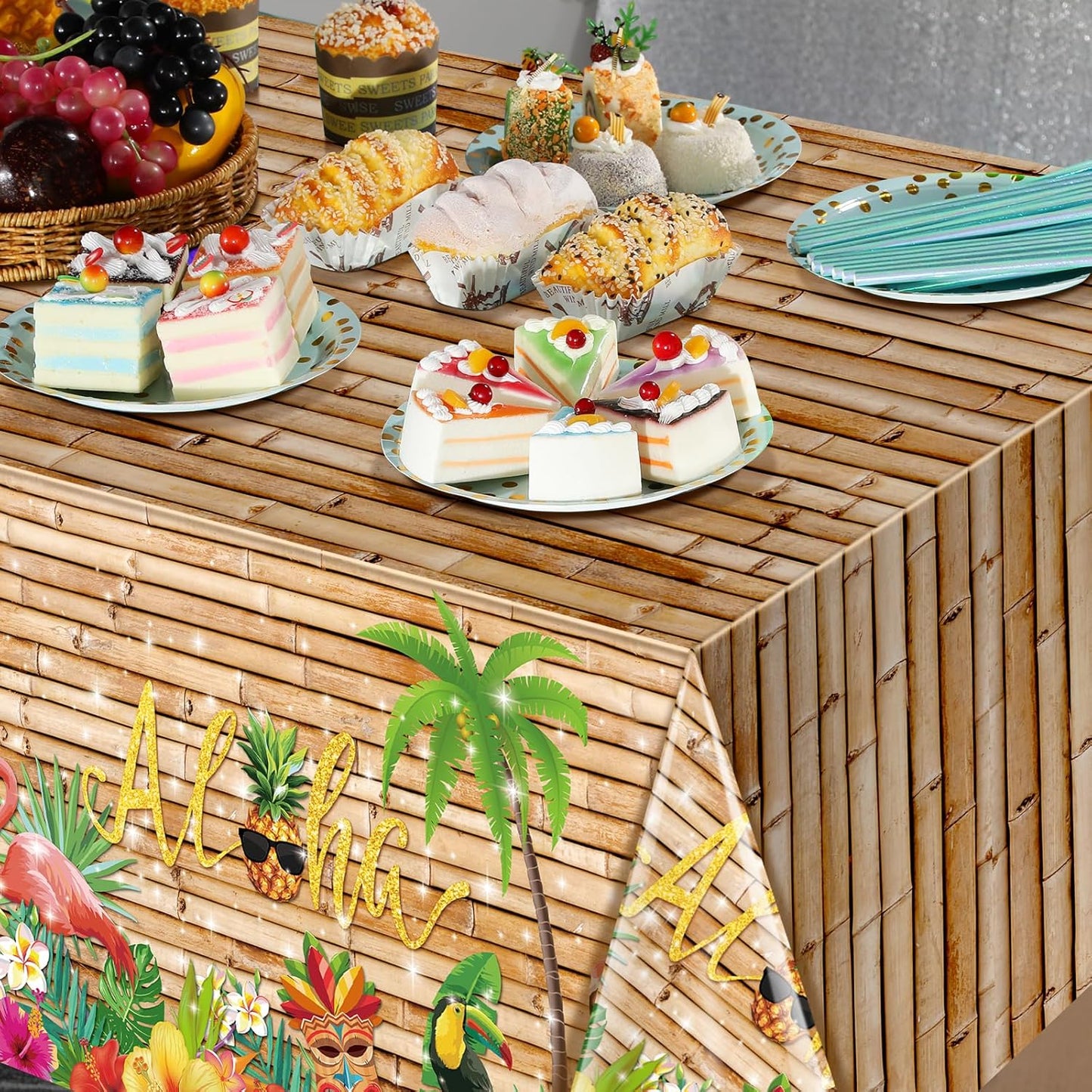 3Pcs Hawaiian Luau Tablecloth Tiki Party Tablecloths Tropical Table Cloth Plastic Disposable Rectangle Table Covers for Tiki Bar Tropical Summer Beach Pool Birthday Party Decorations ,108X 54 Inch