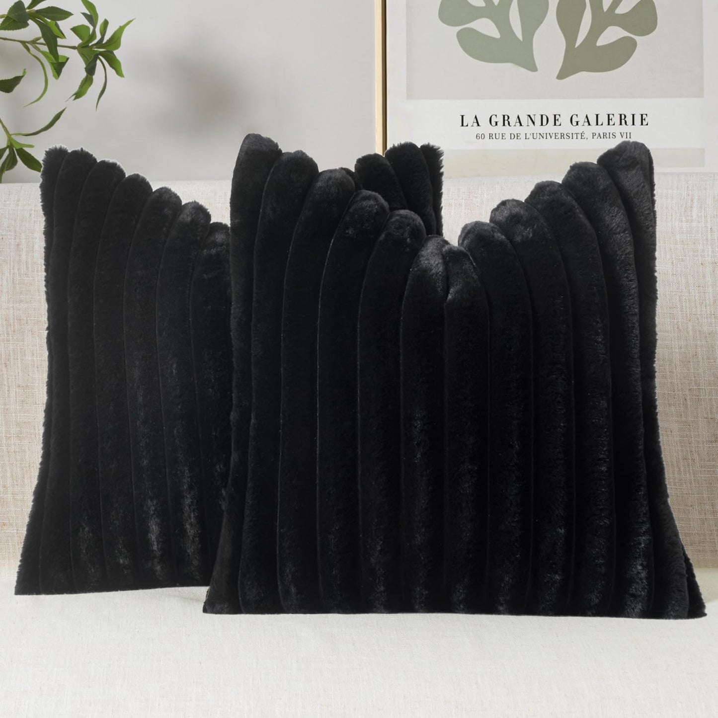 Faux Fur Decorative Throw Pillow Covers 18X18 Inch Set of 2, French Modern Art Home Decor Soft Plush Couch Pillows Cozy Fluffy Cushion Covers for Sofa Bed Black