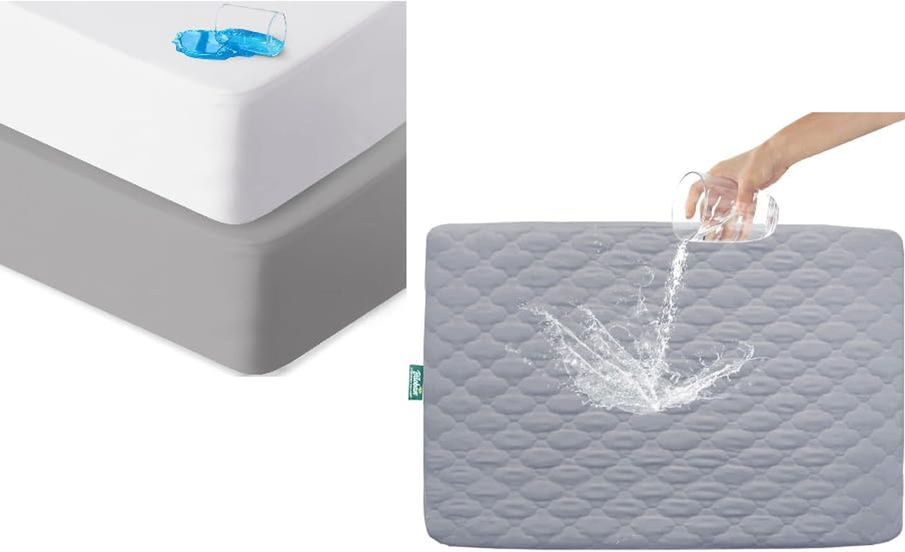2 Pack Pack and Play Sheets Fitted and One Playard Mattress Protector Quilted Waterproof, Compatible with Graco Pack N Play & Dream on Me & Pamo Babe