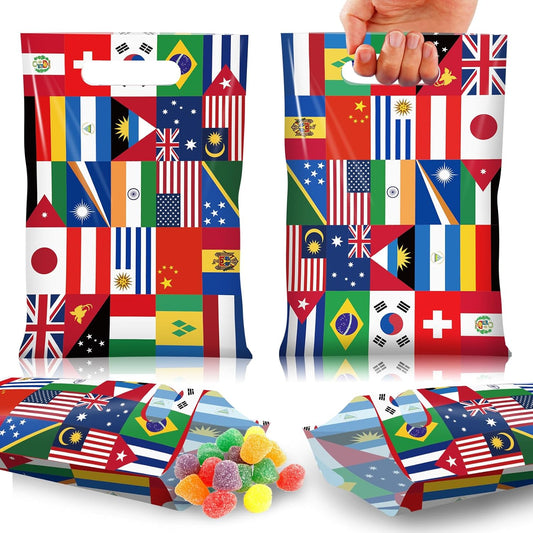 50 Pcs International Flag Plastic Gift Bags,World Flags Treat Goodie Bags with Handle for Soccer Sports Party Celebration School Party Decorations,6.7X 10 Inches