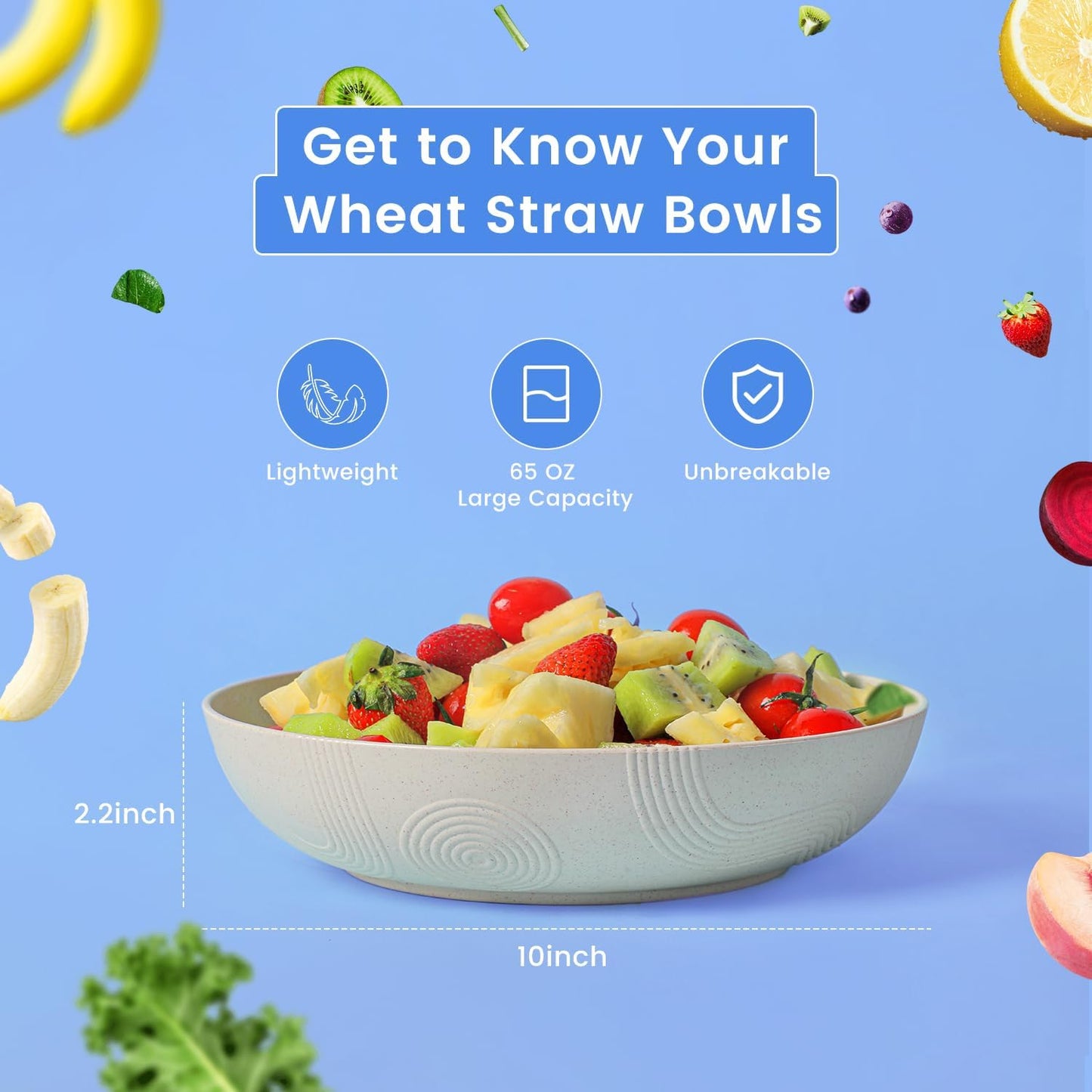 Wheat Straw 10-Inch Large Salad Bowls - Set of 6, Wide and Shallow, Microwave and Dishwasher Safe, Assorted Colors