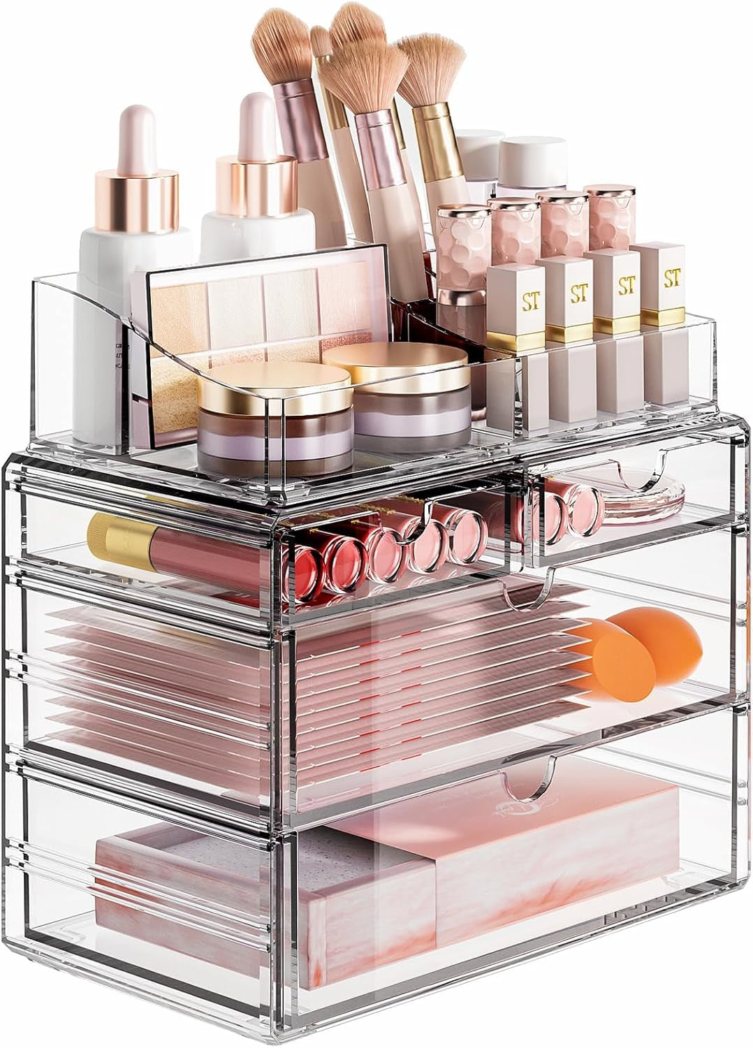 4-Tier Clear Makeup Organizer with Drawer - Stackable Acrylic Cosmetic Storage for Bathroom Vanity & Dresser Countertop, Make up & Jewelry Storage, Beauty Holder for Lipstick Brush Skincare