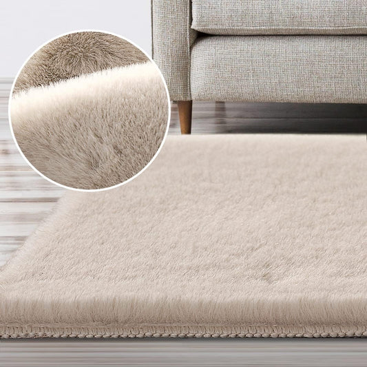 Area Rug Super Soft Faux Fur Rugs 2X3 Feet Modern Unisex Beige Tufted Solid High Pile Machine Made Faux Fur Area Rug for Nursery Room, Living Room, Home Office