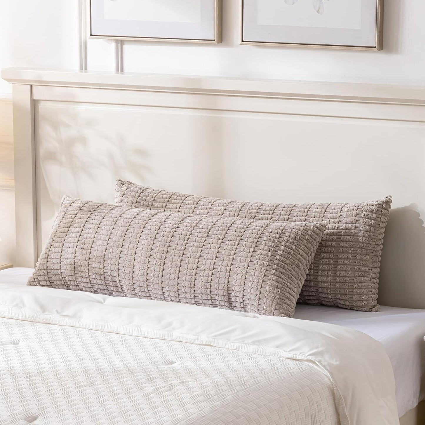 Taupe Long Lumbar Decorative Throw Pillow Covers 14X36 Inch for Bed Couch Bed Sofa, Rustic Farmhouse Boho Room Decor, Soft Striped Corduroy Rectangle Cushion Case 35X91 Cm
