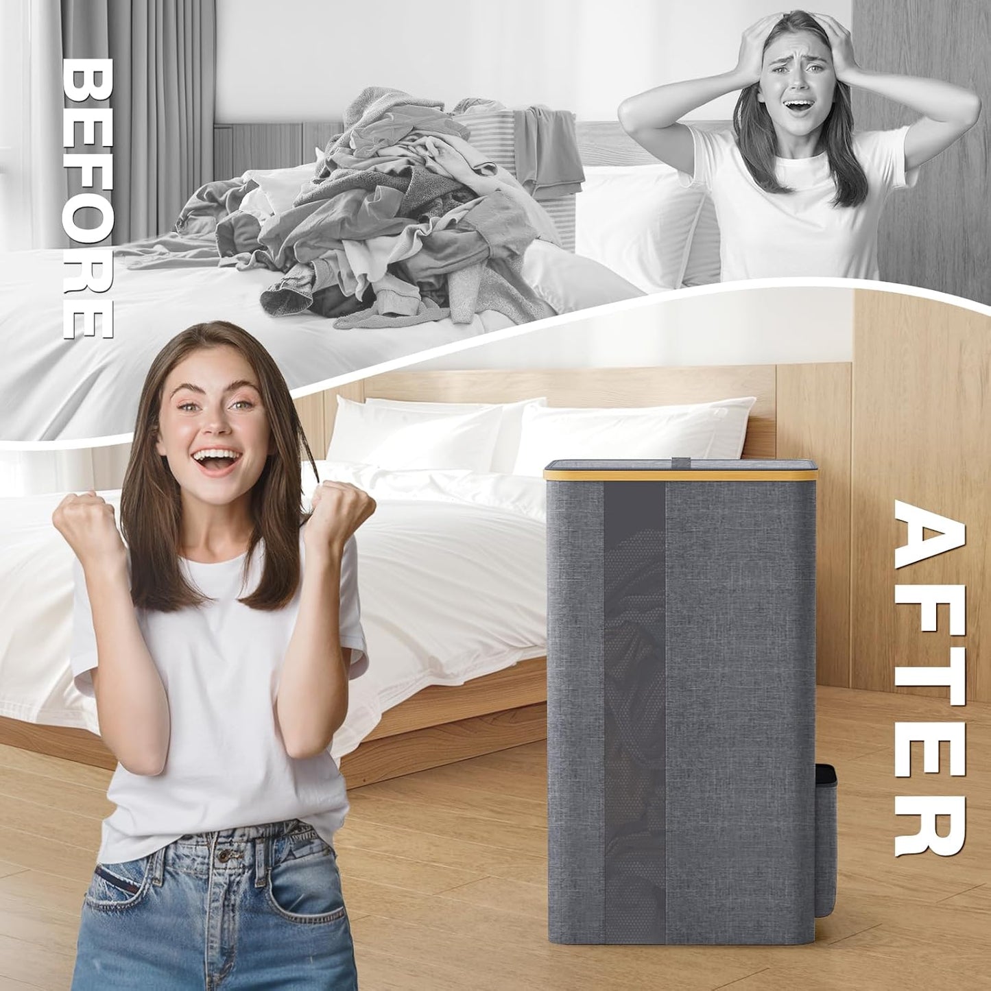100L Laundry Basket with Lid, Removable Laundry Bag and Handles, Breathable Design Hamper for Bedroom, Bathroom, Dorm, and Laundry Room - Light Grey