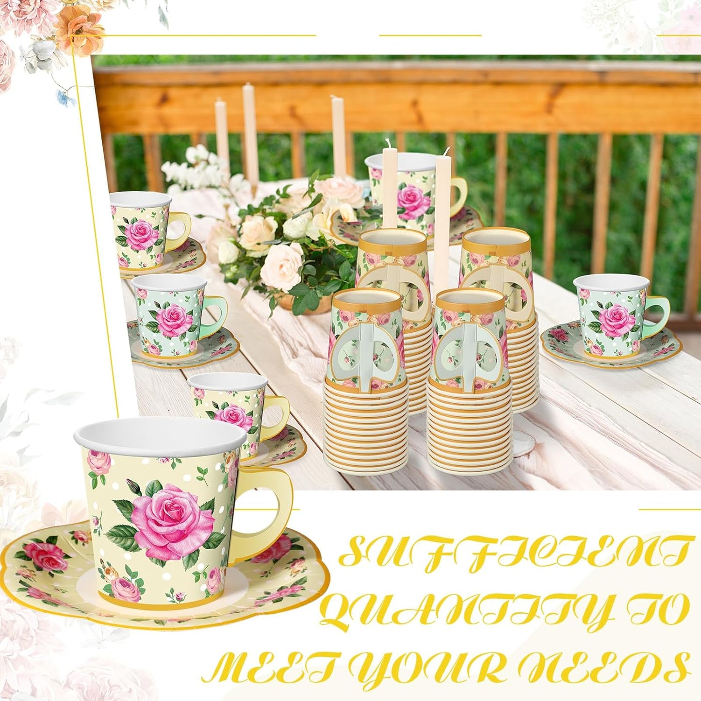 60 Sets of Floral Tea Party Decorations - Disposable Paper Tea Cups with Handles and Plates for Hot and Cold Beverages, Ideal for Birthdays (Yellow, Green, 6.5 Oz)