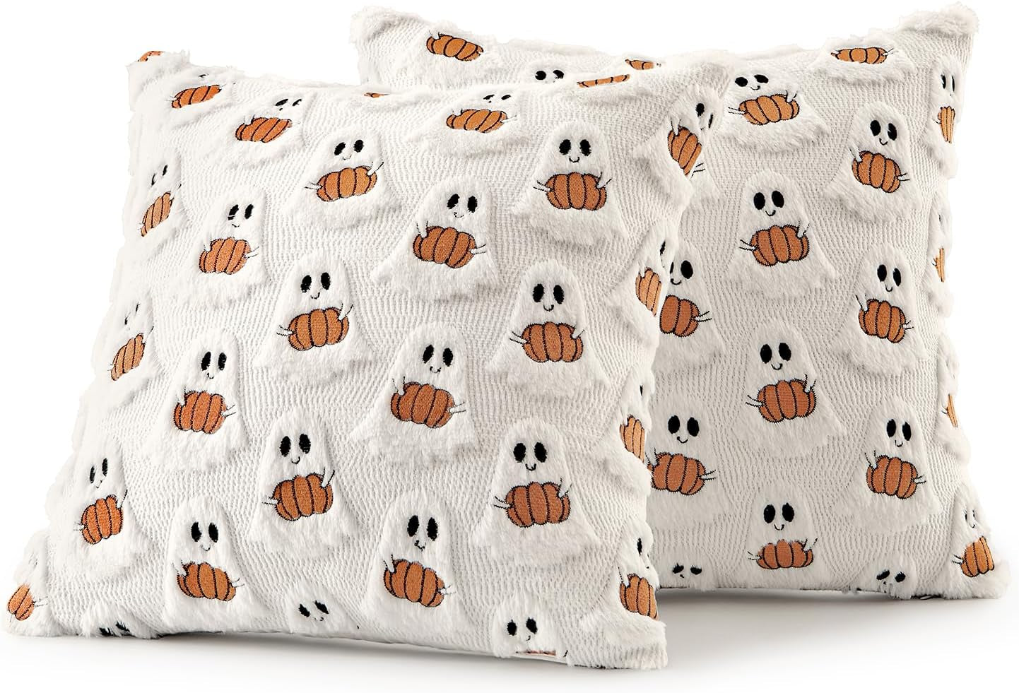 Halloween Pillow Covers Decorative Fall Cute Ghost Plush Faux Fur Pillows 18X18 Inch Set of 2 Soft Pumpkin Accents for Sofa Couch Bed Living Room Festive Home Decor, White Rust