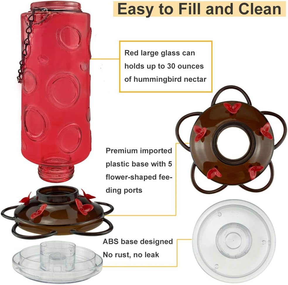 Large Capacity Hummingbird Feeders for Outdoors Hanging Wild Bird Feeders with 5 Nectar Bird Feeding Station 30 OZ Red Glass Bird Feeder - (Pack of 2)