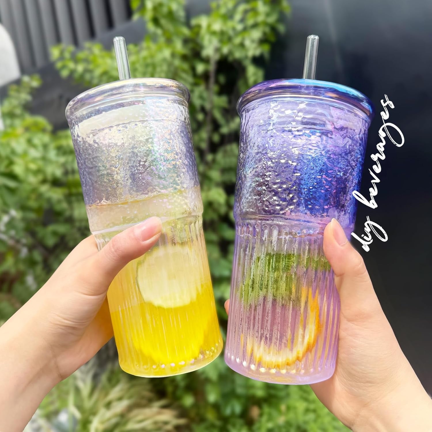20Oz Glass Cups with Lids and Straws, 2 Pack High Borosilicate Iced Coffee Cups Drinking Glasses Tumbler for Smoothie, Water, Tea, Juice Drinks, Violet Purple