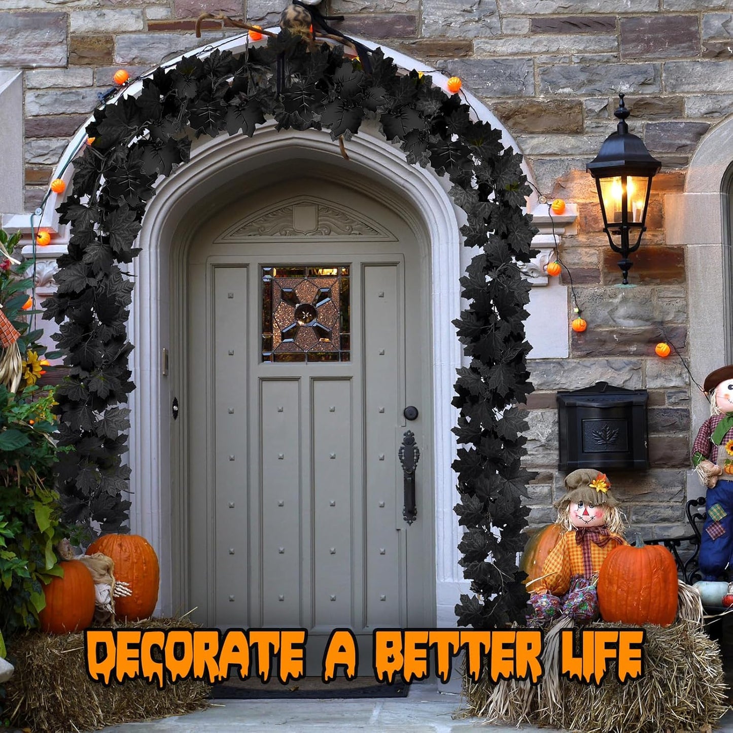 2 Pack Halloween Garland, 5.7FT Black Leaf Garland for Mantle, Artificial Hanging Black Maple Leaves Vines, Spooky Halloween Outdoor Floral, Haunted Mansion, Fireplace, Fall Decor