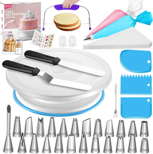 65 Pcs Cake Decorating Kit with Cake Stand Turntable, Cake Baking Supplies 30+1 Piping Bags, 24 Piping Tips, Offset & Straight Spatulas, 3 Scrapers, Leveler, 2 Couplers & 1 Tips Brush