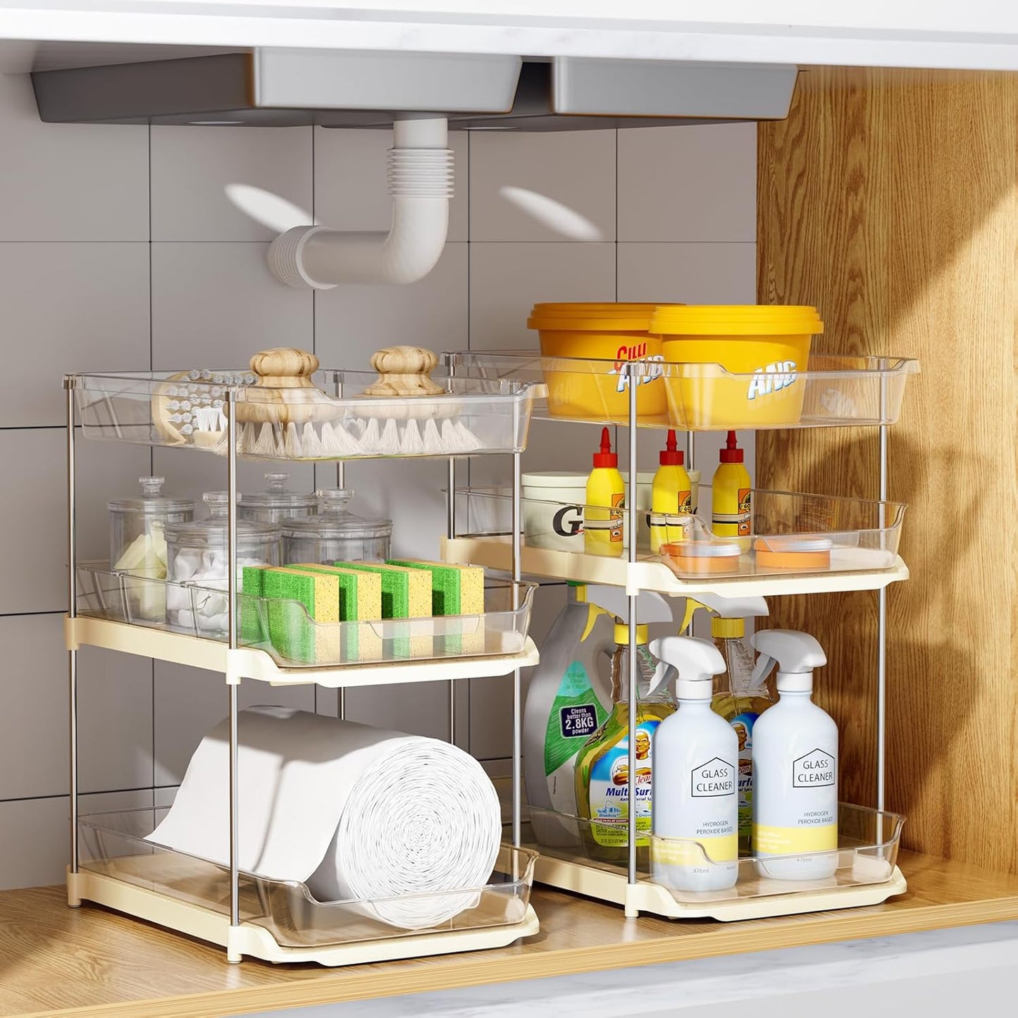 2 Sets of 3-Tier Bathroom under Sink Organizers and Storage, Multi-Purpose Stackable Pantry Organization and Storage, Beige