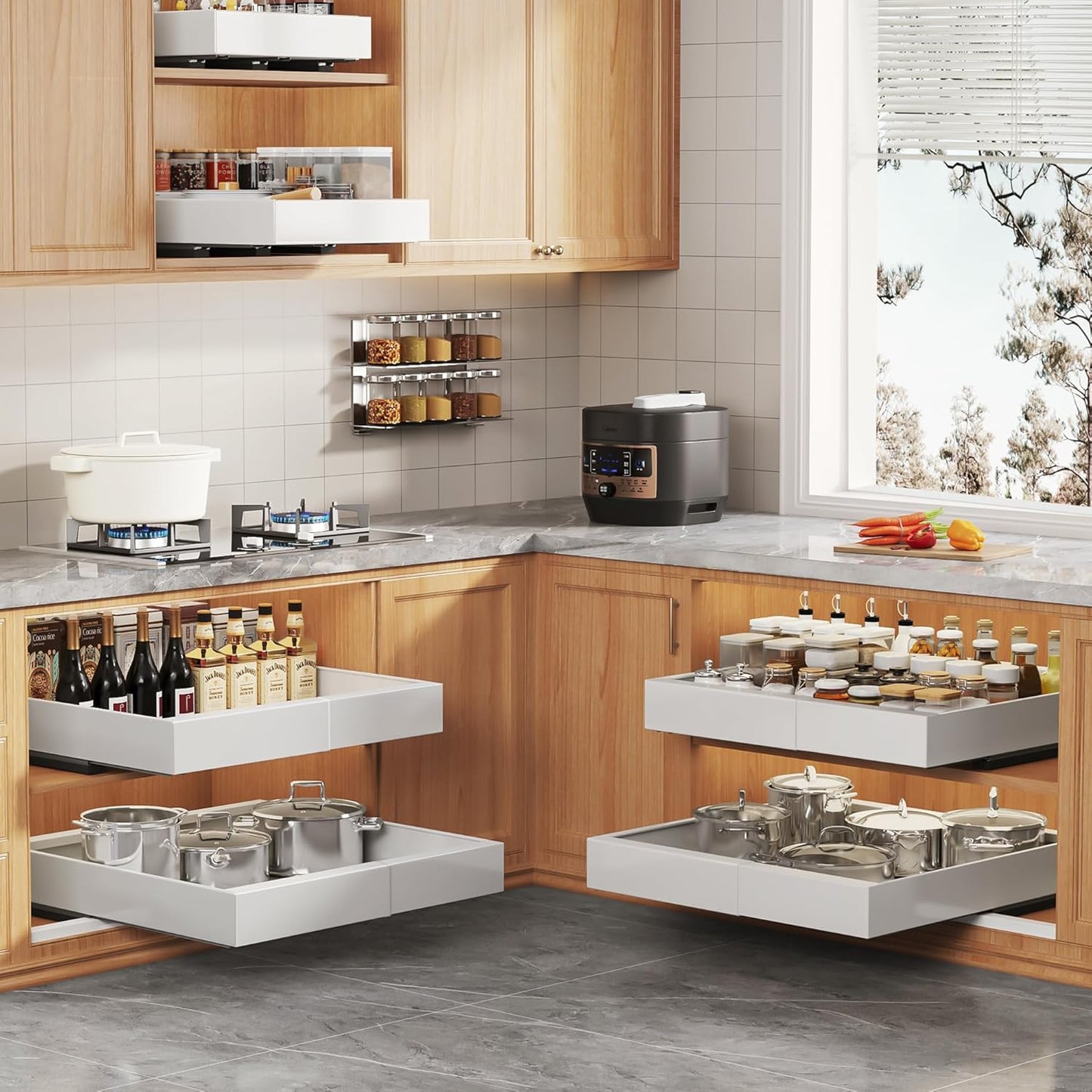 Expandable Pull-Out Cabinet Organizer Set - 21" Deep with Adjustable Width (12.05"-20.4") for Framed Cabinets, Featuring 3 Slide Rails and Adhesive Roll-Out Shelves - White Finish