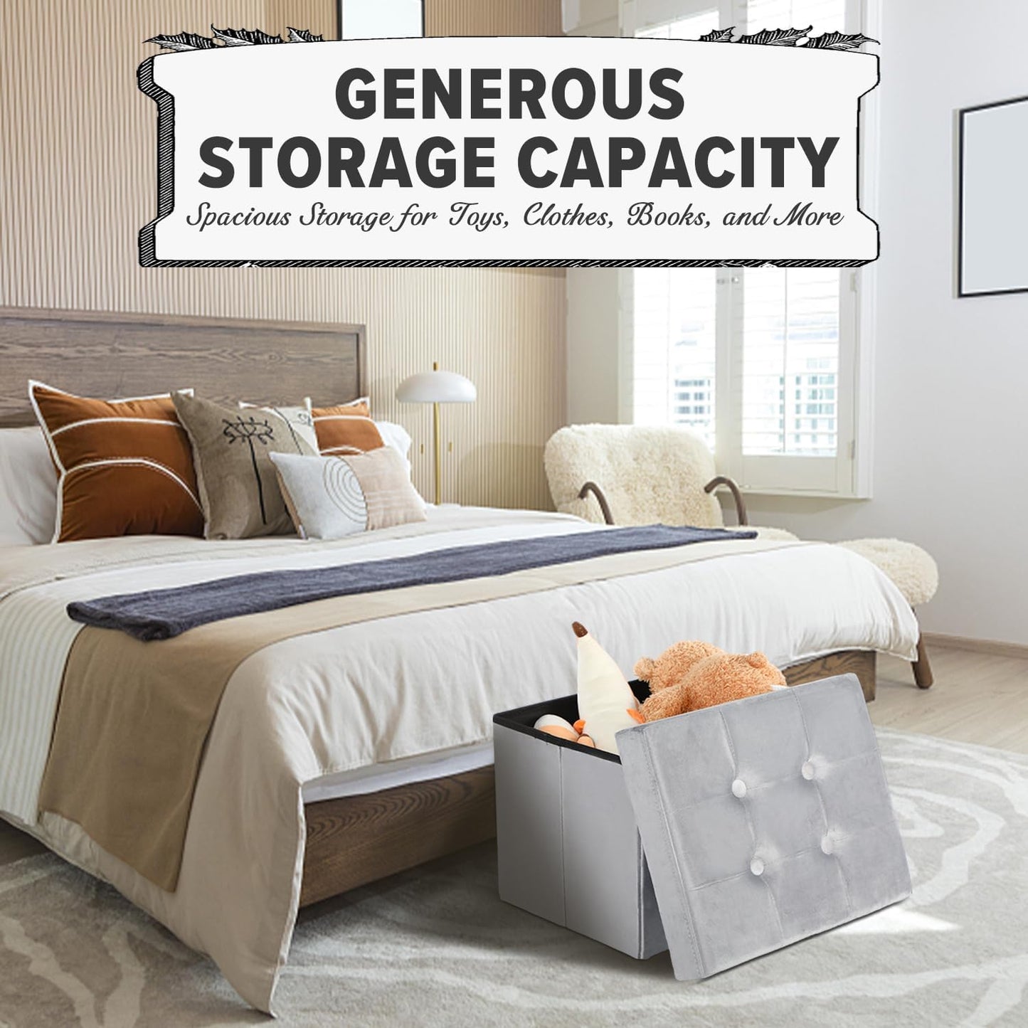 Modern Velvet Storage Ottoman and Foot Stool with Padded Design - 17"x13"x11" (Gray)