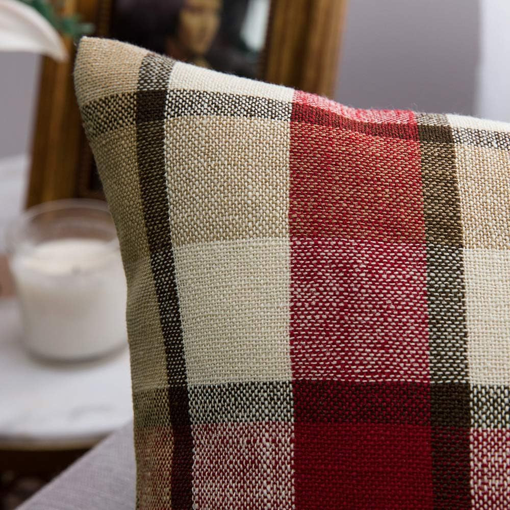 Pack of 2 Christmas Decorative Pillow Covers Check Buffalo Plaids Pillowcase Tartan Linen Rustic Farmhouse Square for Bench Sofa Couch Car Bedroom Red and Tan 18X18 Inch