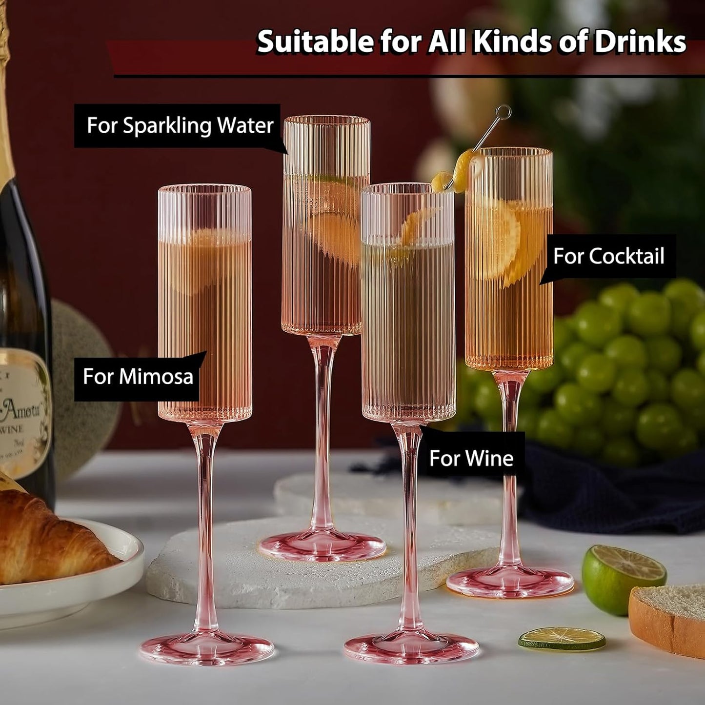 16 Pack Plastic Champagne Flutes, 5.5 Oz Unbreakable Goblet Glasses Reusable Champagne Toasting Cups - Modern & Elegant for Wedding Party Anniversary Christmas Birthday (5.5Oz-Ribbed-Pink-16Pack)