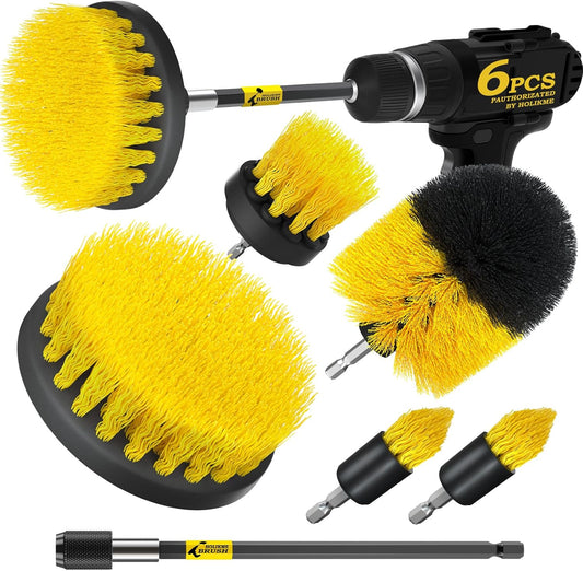 6Pack Drill Brush Power Scrubber Cleaning Brush Extended Long Attachment Set All Purpose Drill Scrub Brushes Kit for Grout, Floor, Tub, Shower, Tile, Bathroom and Kitchen Surface,Yellow