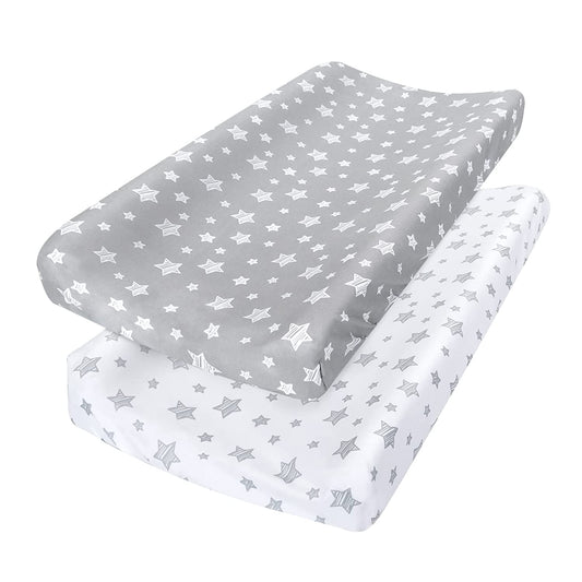 Changing Pad Cover for Boys Girls 2 Pack, Lovely Print Soft Unisex Diaper Change Table Sheets, Fit 32"X16" Contoured Pad, Comfy Cozy 2-Pack Cradle Sheets, Grey & White