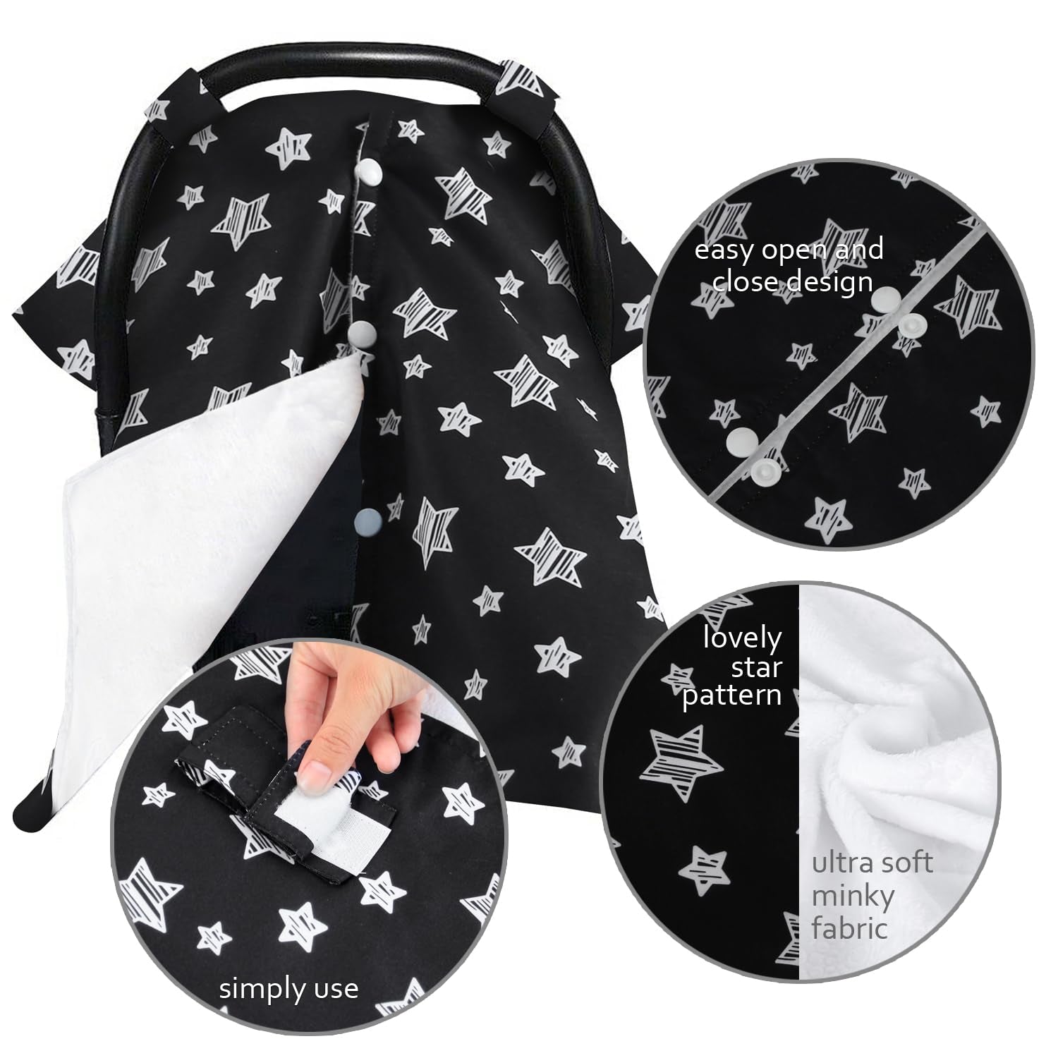 Baby Car Seat Cover for Babies, Opening Black Star Minky Carseat Canopy for Boys Girls, Multiuse Cover for Infant Carseat/Baby Carrier/Stroller/Nursing Breastfeeding/Newborn Shower Gift