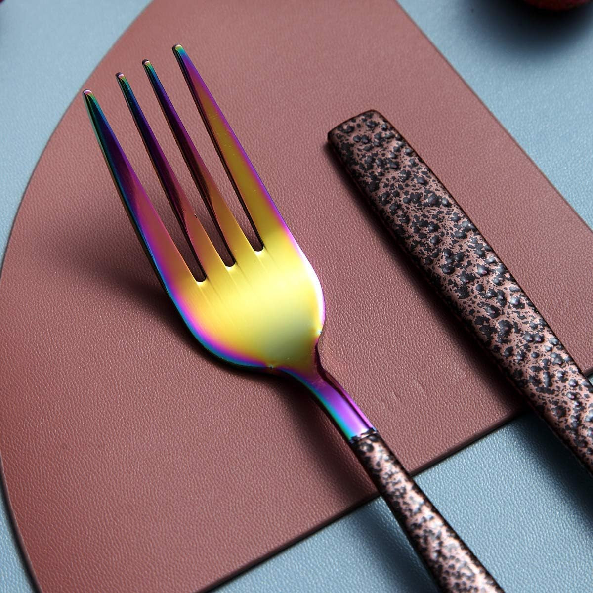 Set of 4 Stainless Steel Dinner Forks with Moon Surface Handle and Rainbow Finish, Dishwasher Safe Silverware
