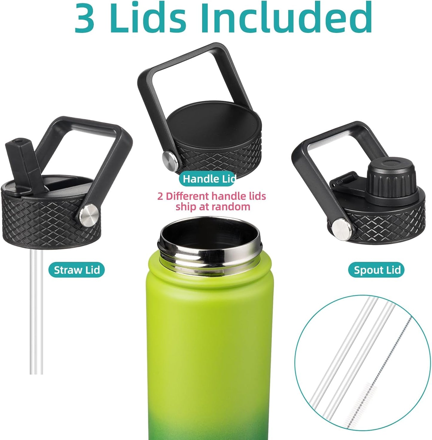 18 Oz Insulated Water Bottle Stainless Steel Sport Bottles with 3 Lids,Bamboo Grove