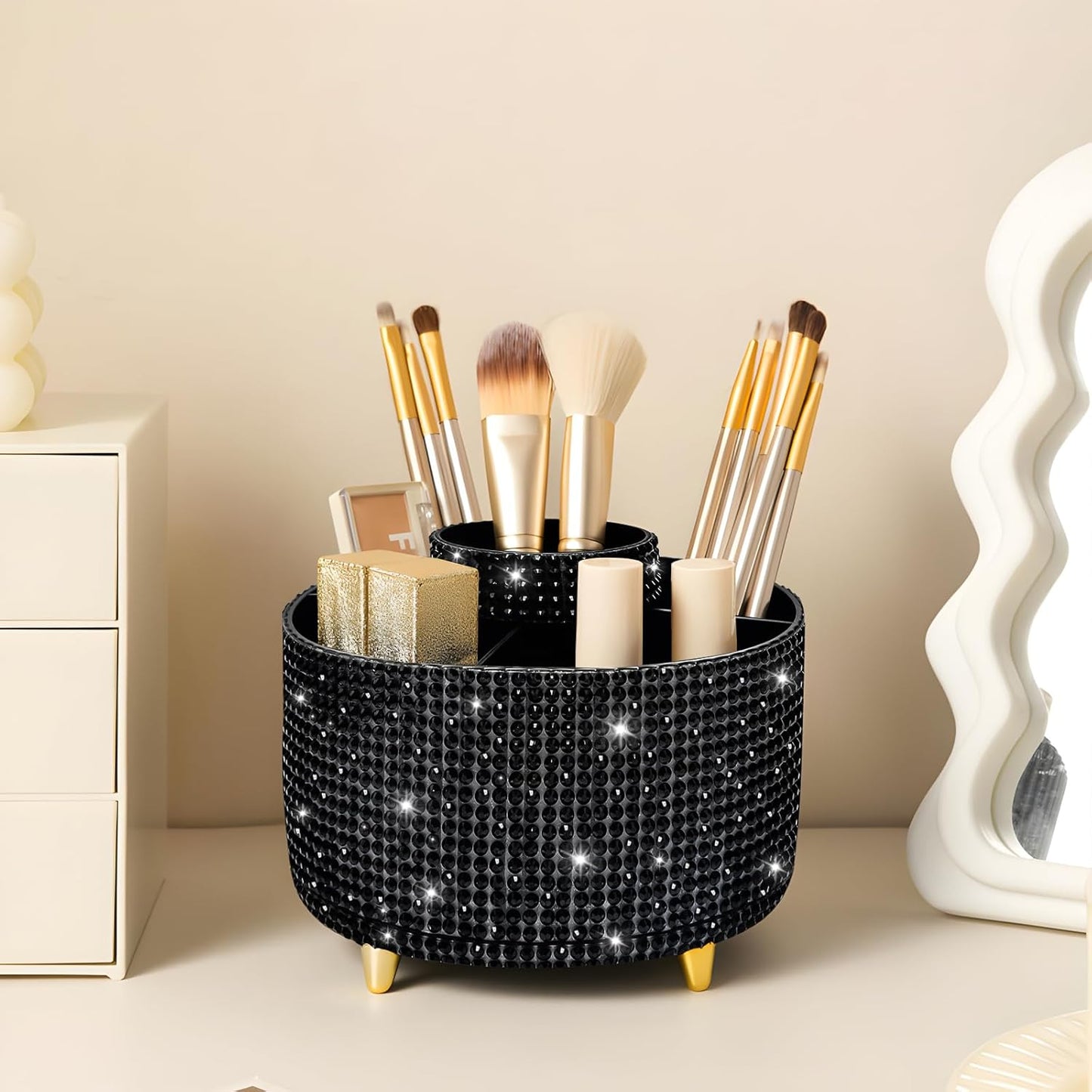 Bling Diamond 360° Makeup Brush Holder Organizer, Rotating Makeup Brush Organizer,5 Slot Make up Brushes Cup for Cosmetics, Vanity Desktop Organizer, Gift for Women Teen Girls- Diamond Black